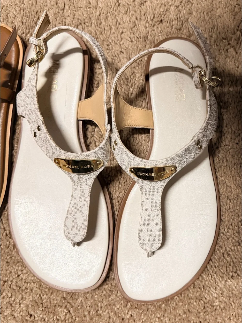 Michael Kors Sandal Bundle- Black Patent, Brown, and Cream T-Strap Trio
